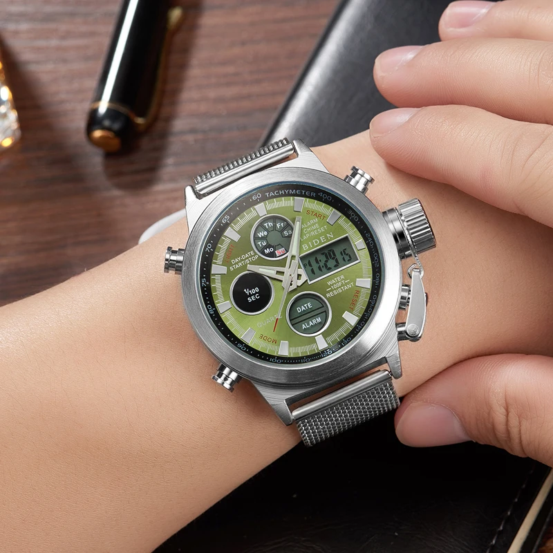Топ бренд мужские s кварцевые часы Лакшери повседневные часы мужские из нержавеющей стали сетчатый ремешок двойной дисплей спортивные часы Relogio Masculino