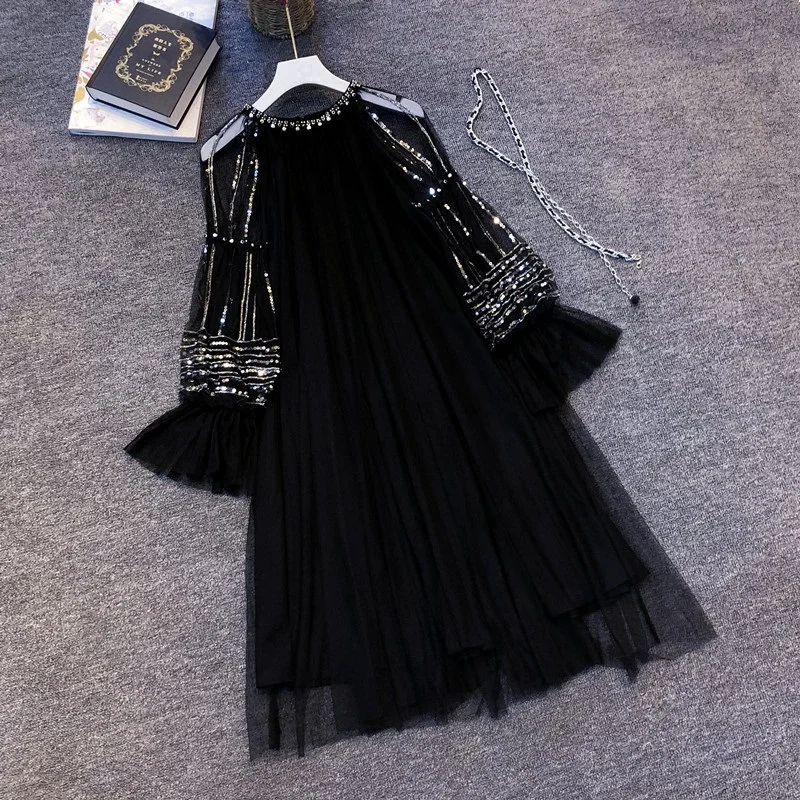 

Sequined Dress 2019 Spring Summer Sexy Party Event Dress Women Crystal Beading Flare Sleeve Tull Mesh Black Apricot Dress Club