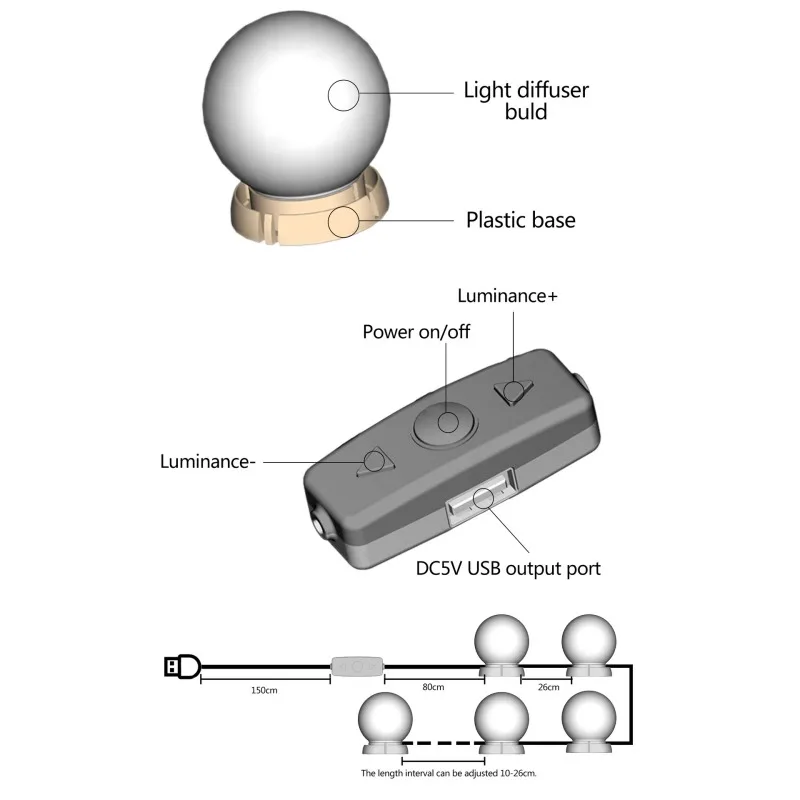 Светодиодный лампы зеркало для макияжа с лампой Vanity Светодиодный лампочки комплект зарядка через usb Порты и разъёмы косметический