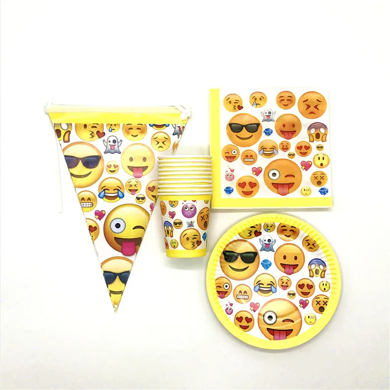 

Kids Favor Emoji Theme 80Pcs/Lot Boy Girl Birthday Party Paper Cups Plates Napkins Family Party Wedding Flag Decoration Supply