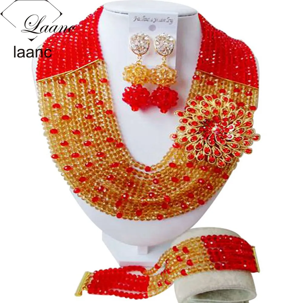 

Ngerian Bead Necklace Red Gold Champagne African Wedding Beads Bridal Jewelry Sets AL008