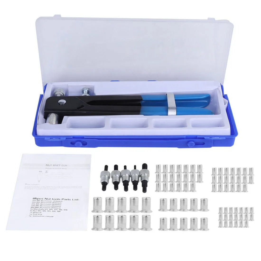 

86pcs/set M3-M8 Blind Rivet Nuts Threaded Insert and Rivet Tool Riveter Gun Riveting Kit Tool Aluminum Alloy