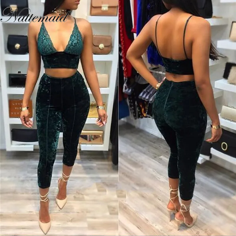 

NATTEMAID Sexy V Neck Velvet Lace Jumpsuit Women green Spaghetti Strap Backless 2 pieces Jumpsuit Femme Romper drop shipping