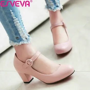 

ESVEVA 2019 Women Pumps Shoes Fashion Women Shoes Pumps Fashion Solid Square High Heels Size 34-43 Shallow Buckle Round Toe