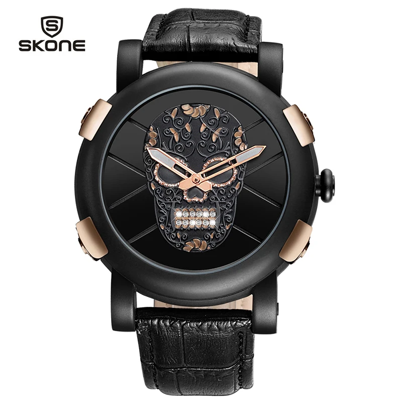 

Hot Sales SKONE 3D Skull Cool Quartz Men Watches Luxury Waterproof Leather Men Outdoor Sports Male Watch Relogio Masculino