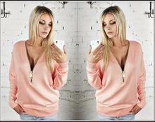 2015 New Stylish Lady Women Sexy Low Cut Wrap Long Sleeve Fitted V-neck Zipper Sweatshirts Casual Base shirt Tops