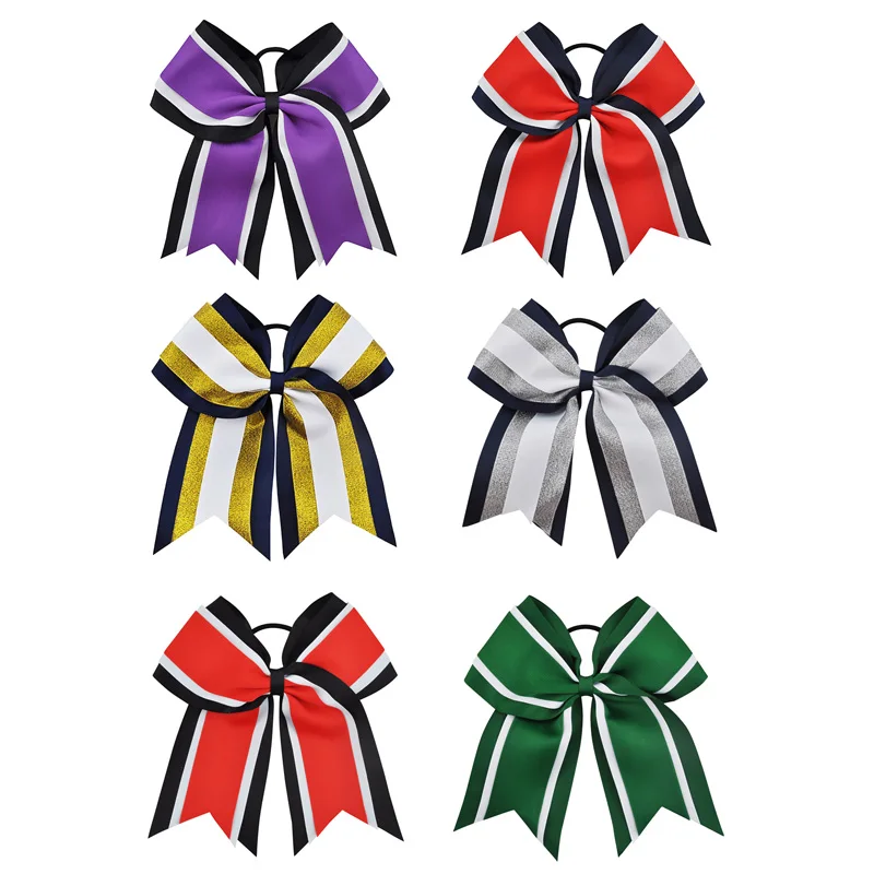 

8 Inch Grils Hair Bows With Elastic Bands Navy Grosgrain Cheerleading Bows With Gold Silver Organza Hair Accessories