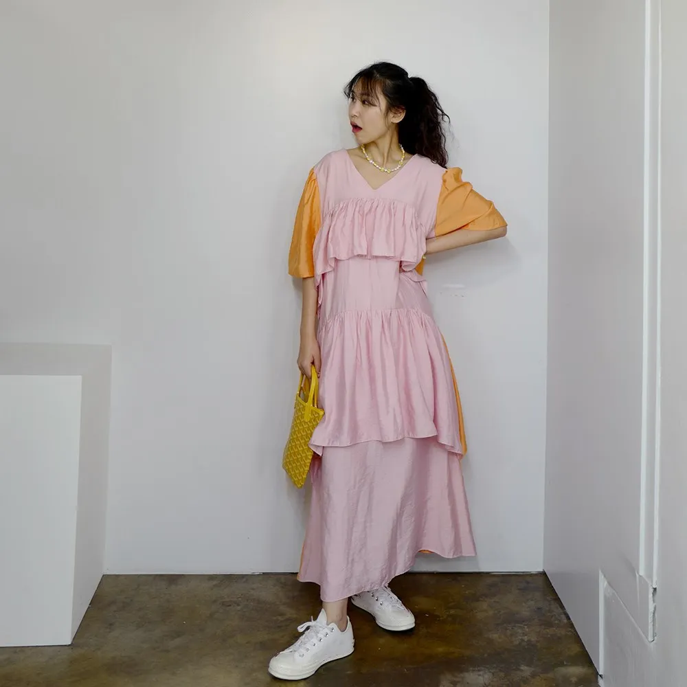 WHITNEY WANG/летнее платье г., модное уличная одежда контрастных цветов в стиле пэчворк, 2 стороны, одежда многослойное платье для женщин, милое платье для девочек