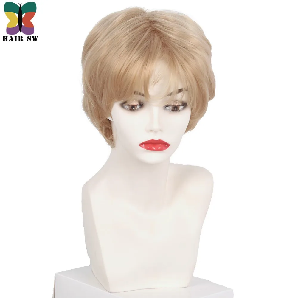 

HAIR SW Short Natural hair Wig Golden Brown Layered Straight Synthetic Ladies wig with bangs For women