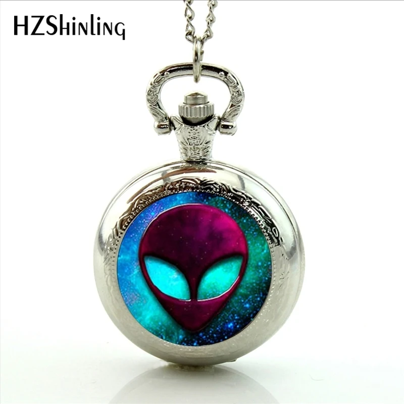 

New Design UFO Alien Pocket Watch Glass Dome Outer Space Pocket Watch Necklace Pendant Silver Science Accessories Collection