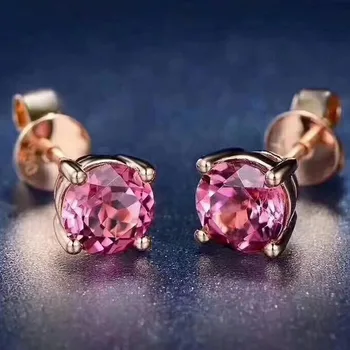 

Fidelity natural 4mm pink tourmaline stud earrings s925 silver simple round fine jewelry for women party Natural gemstone