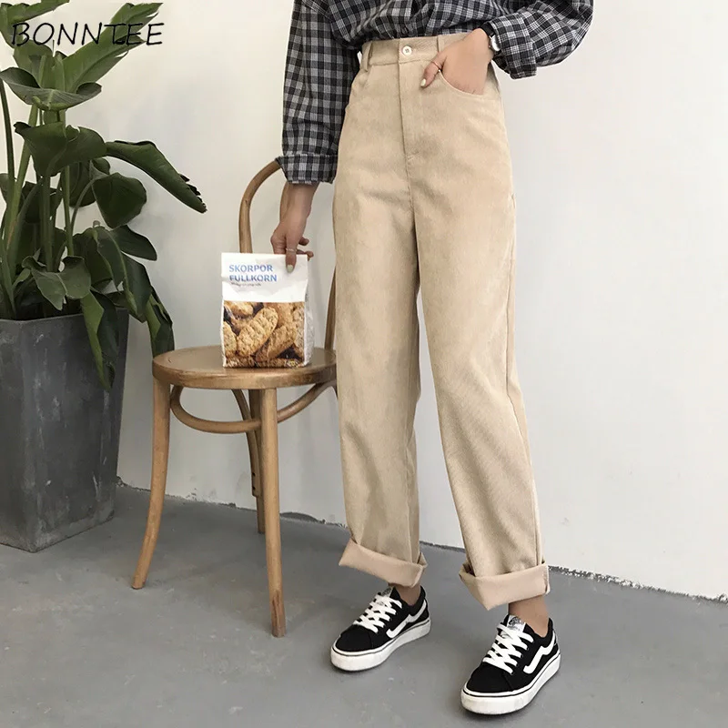 Baratos Pantalones sueltos de pana sólida de alta cintura bolsillos sólidos para mujer Pantalones largos estilo coreano ocio todo fósforo Simple de moda