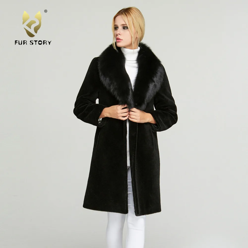

Women's Real Fur Coat Sheep Shearing Fur Coat with Fox Fur Collar Winter Lamb Sheared Jacket Sheepskin Coat Fur Story 18135