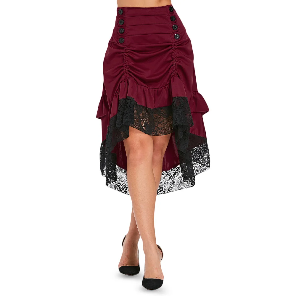 

Kenancy Buttoned High Waisted A Line Skirt Lace Hem Ruffled High Low Vintage Skirt