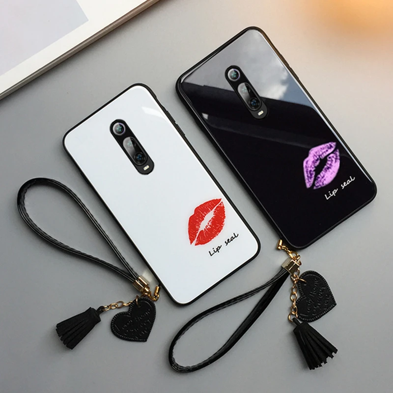 

For Xiaomi Redmi k20 Pro Tempered Glass Case Lip print Fashion Cover For Xiaomi Redmi k20 Tassel Lanyard Funda Case & Strap