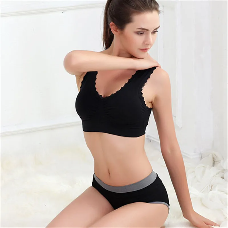 

Active Solid Color Sport Yoga Bra Fitness Gym Athletic Padded Soft Bras Lace Edge Crop Top Stretch Vest