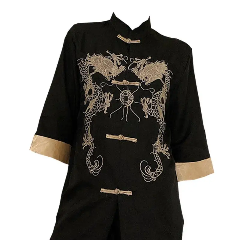 Vintage Women Blouse BLACK Embroidery Dragon Chinese Style Shirt Spring Summer Loose Tops Jacket Cosplay Hanfu Tang Clothes - Цвет: Черный