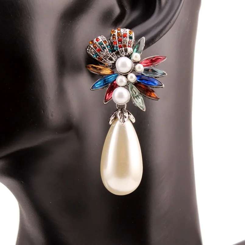 

Florosy Bead Teardrop Simulated Pearl Statement Dangle Crystal Earrings for Women Colorful Rhinestone Flower Drop Earrings Jewel