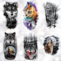 Tribal Wolf Moon Pine Tree Temporary Tattoo Sticker Fox Waterproof Tattoos Forest Body Art Arm Fake Tatoo Men Women