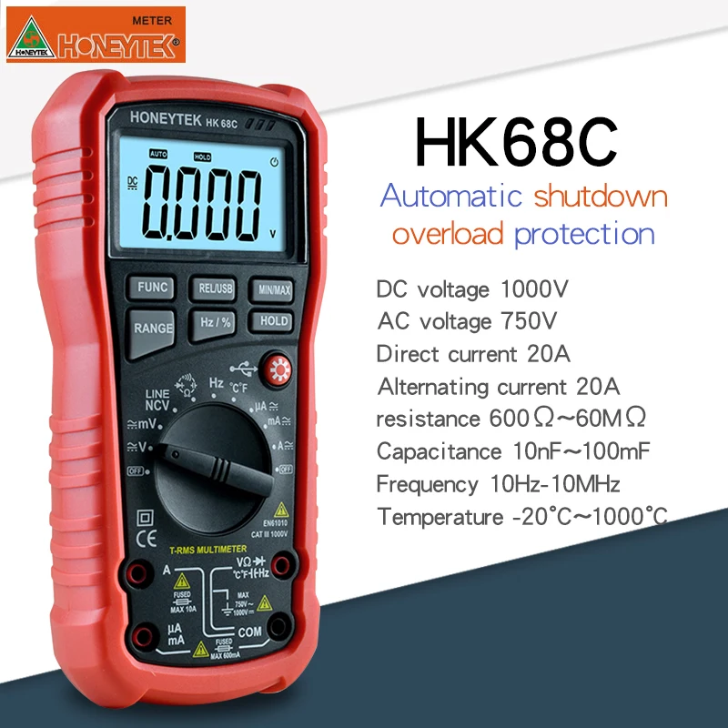 HONEYTEK True RMS цифровой мультиметр 6000 отсчетов автоматический электронный измерительный инструмент детектор переменного напряжения портативный HK68A