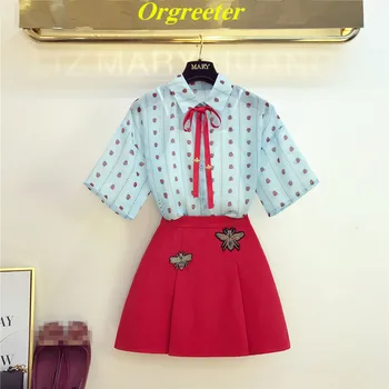 

Women's Mini Skirt Suits Animal print Ribbons Bow Chiffon Shirts+Embroidery Bees Mini Skirts Chic Casual 2 piece Set