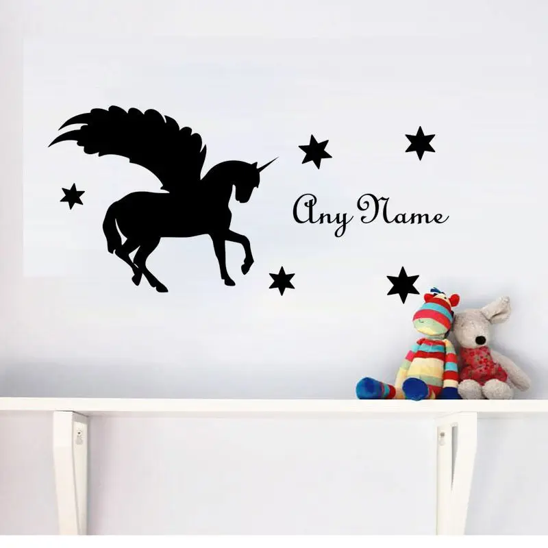 

Custom Name Wall Sticker Unicorn Decal Horse With Wings Art Mural For Kids Rooms Removable Vinyl Silhouette Wall Decals ZA583