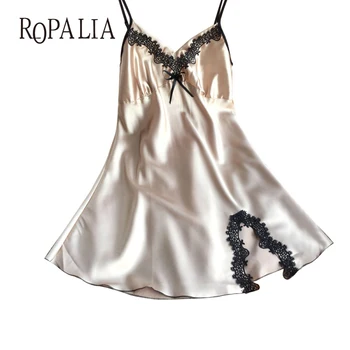 

ROPALIA Women Silk Satin Night Dress Lady Sleeveless V-neck Nightgown Girls Lace Sleepwear