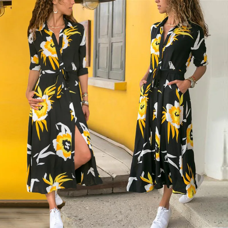 

Autumn Women Floral Prints Split Dress Casual Pockets Long Dress Loose Long Sleeve V-Neck Sashes Maxi Dress Female Vestido