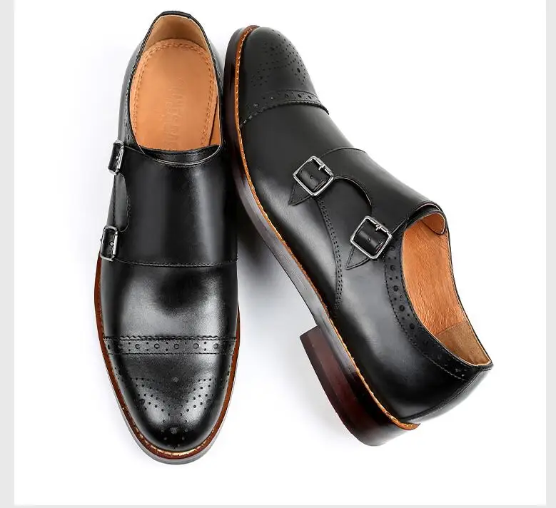 Sangle Noir Bas Talon Casual Cuir Sur Véritable Chaussures Robe Richelieu Slip Hauteur Smart Boucle Main Pic Croissante as Sculpté En Vintage wqtUAPx