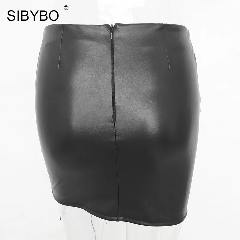 SIBYSO черная юбка-карандаш с перекрещивающимися крест-накрест, женская элегантная мини-юбка из искусственной кожи с высокой талией, сексуальная короткая облегающая юбка на молнии