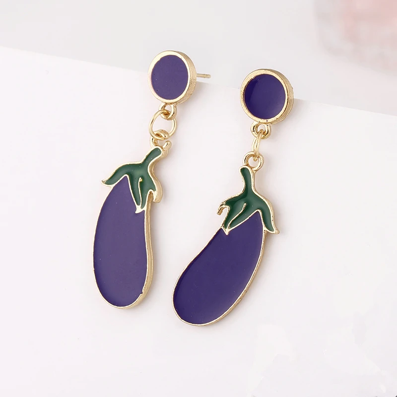 E091 Fashion Jewelry Purple Eggplant Drop Earring Gold Color Alloy Metal Vegetable Dangle