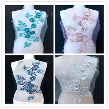 

handmade 4color Hot drilling Rhinestone pearl lace embroidery patch applique wedding dress bordados DIY Performance clothing