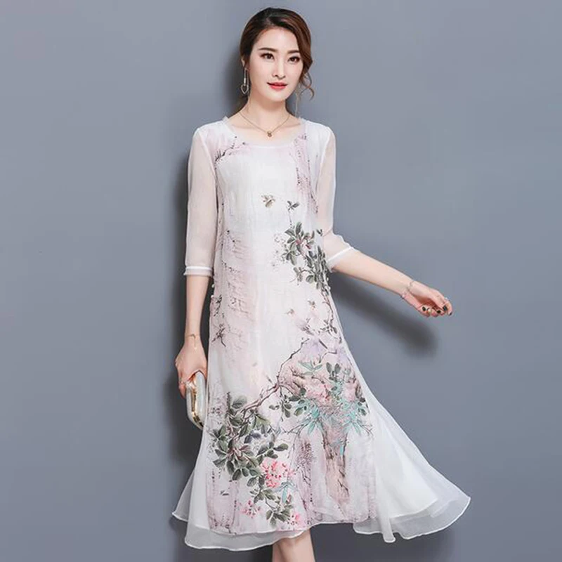 

Women's Printed Loose Summer Long Dress Spring Chinese Style Silk Retro Dresses Plus Size Women Clothing Women Dress 2017 New 33