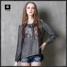 vintage женская джинсовая футболки с длинным рукавом мягкий омывается жан ткань вышивка топы дамы повседневная футболки плюс размер