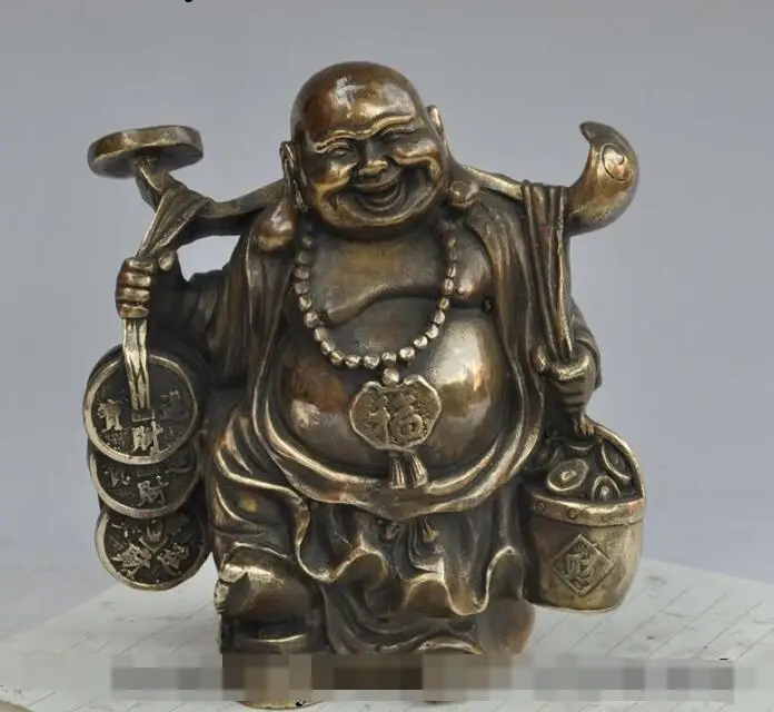

S4955 6" chinese Buddhism Bronze wealth money coin ingot ruyi Maitreya Buddha Statue