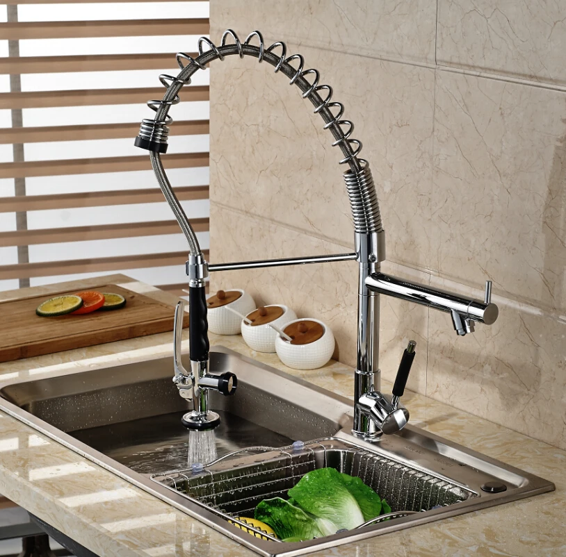 Chrome Polished Two Spouts Swivel Kitchen Sink Pull Down Spray Faucet Mixer Tap One Hole