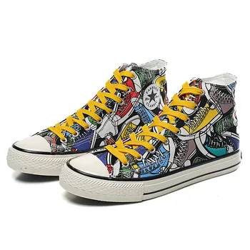 

High top Canvas Sneakers Men Street Hip-hop Graffiti Painting Fashion Yellow Casual Canvas Skateboarding Shoes for Men Plimsolls
