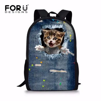 

FORUDESIGNS Vintage Printing Denim Cat Backpack for Teenager Girls Retro Kids Jeans Animal Rucksack High School Satchel Bookbag