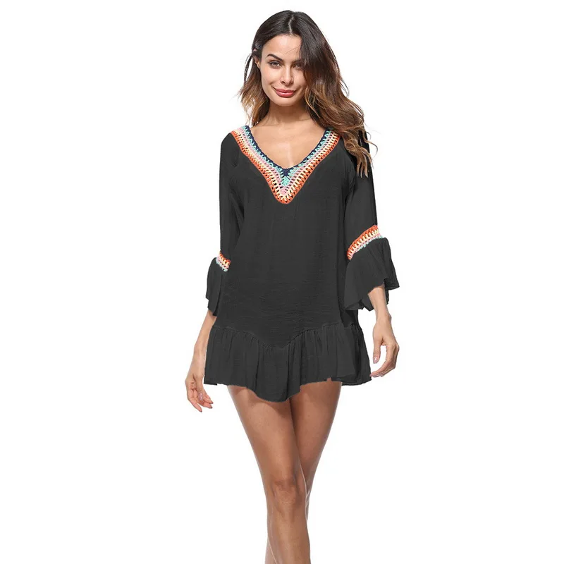 Women Summer Beach Cover up Patchwork V neck Hollow Out Swimsuit Bikini
