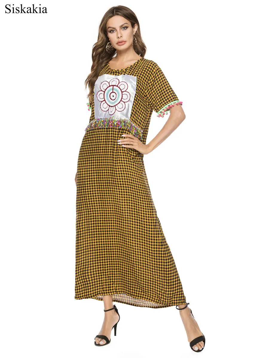Siskakia Fashion Plaid Stripe Women Maxi Long Dress Print Tassel 3D Yellow Female Streetwear O neck Short Sleeve Loose Summer  (3)