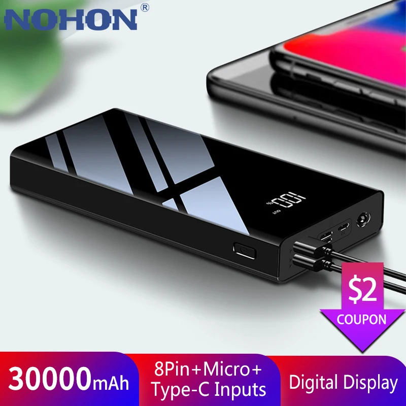 

NOHON 30000mAh Power Bank Type C For iPhone X Samsung S10 Xiaomi Mi Huawei 30000 mAh Powerbank Mini External Battery Poverbank
