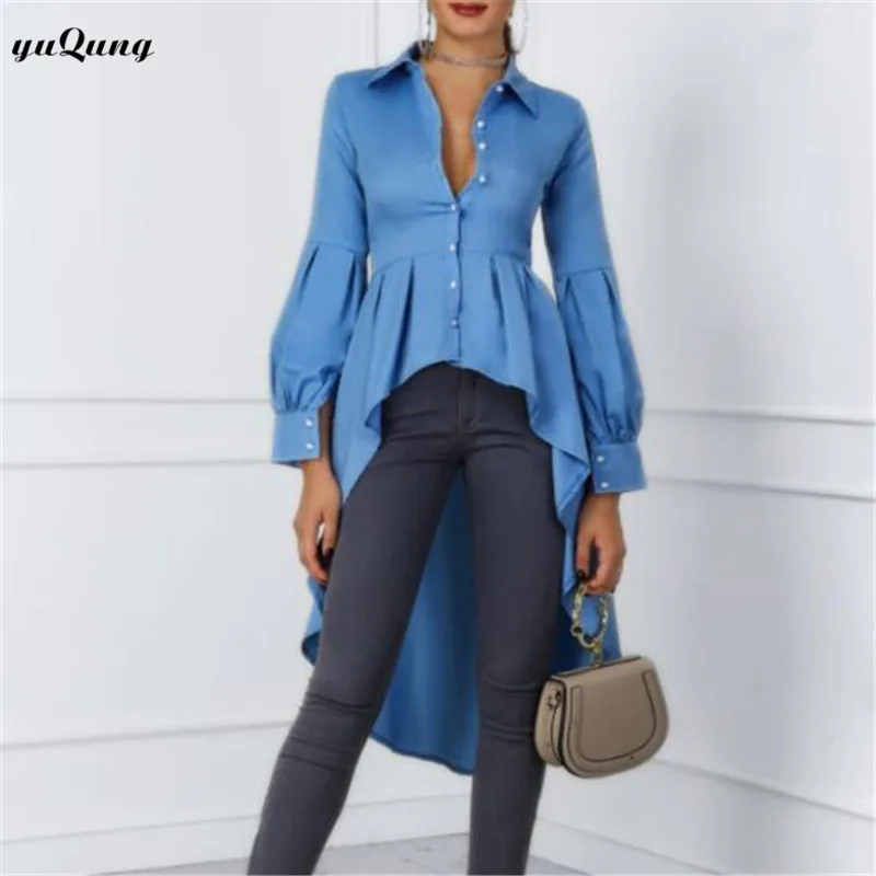 yuqung 2019 Women long Shirt Long lantern Sleeve Irregular tail Tops