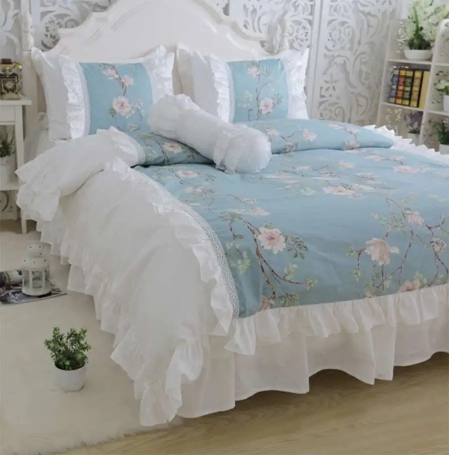 Princess ruffle pastoral floral bedding set,cotton twin full queen king