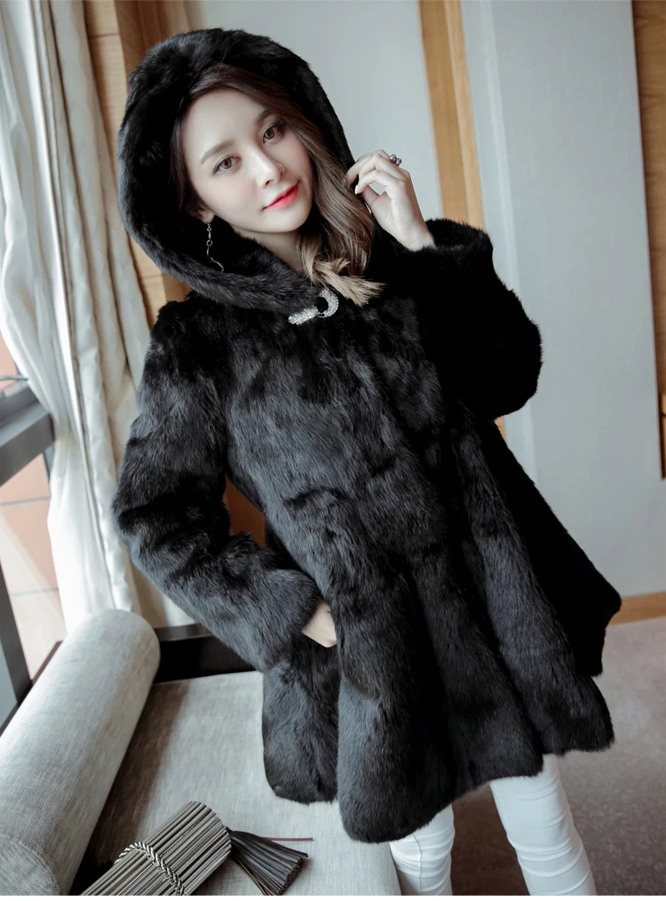Пальто свободного кроя с капюшоном из натурального кроличьего меха, Женское пальто с кристаллами и длинным рукавом, теплая зимняя куртка из натурального меха, Женское пальто