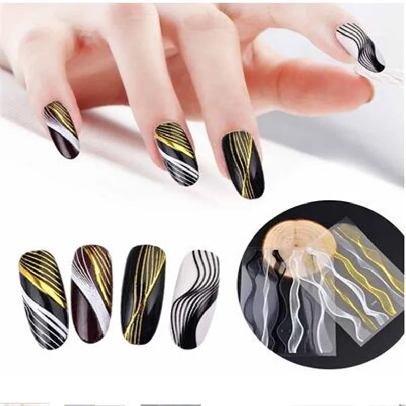 

Metal Lines 3D Nail Stickers 1Pc Gold Multi-size Wave Strip Nail Art Adhesive Transfer Sticker Water Slide Nail Tips Sticker