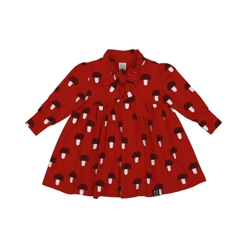 Kukukid/Детское платье; коллекция года; сезон весна-лето; платья с длинными рукавами и бантом для девочек с героями мультфильмов; новая модная одежда из хлопка для маленьких детей - Цвет: Red Mushroom