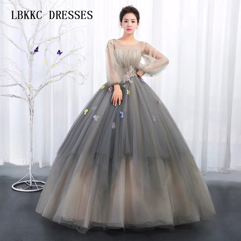 

Quinceanera Dresses Grey Tulle With Embroidery Lace Long Sleeves Ball Gown Puffy Vestidos De 15 Anos Vestido De Quinceanera 2018