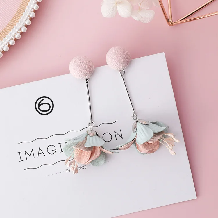 

iMucci Sweet Pink Blue Girl Heart Earrings Fringed Pearl Temperament Long Fabric Folk-Custom Flower Jewelry Accessories Gift
