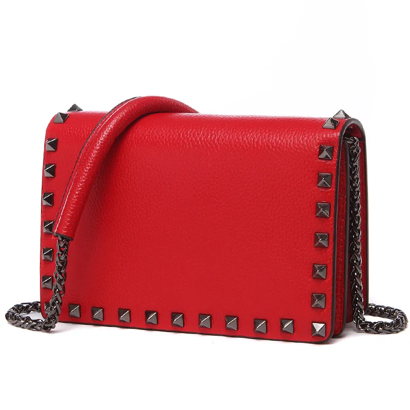 

2019 New Fashion Rivet Messenger Bags for Woman First Layer Genuine Leather Ladies Chain Shoulder Crossbody Bag Famous Brands