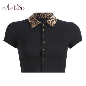 

ArtSu Leopard Shirt Vogue T shirt Crop Top Women Turn-down Collar Single-breasted Woman Shirts Casual Streetwear ASTS20749